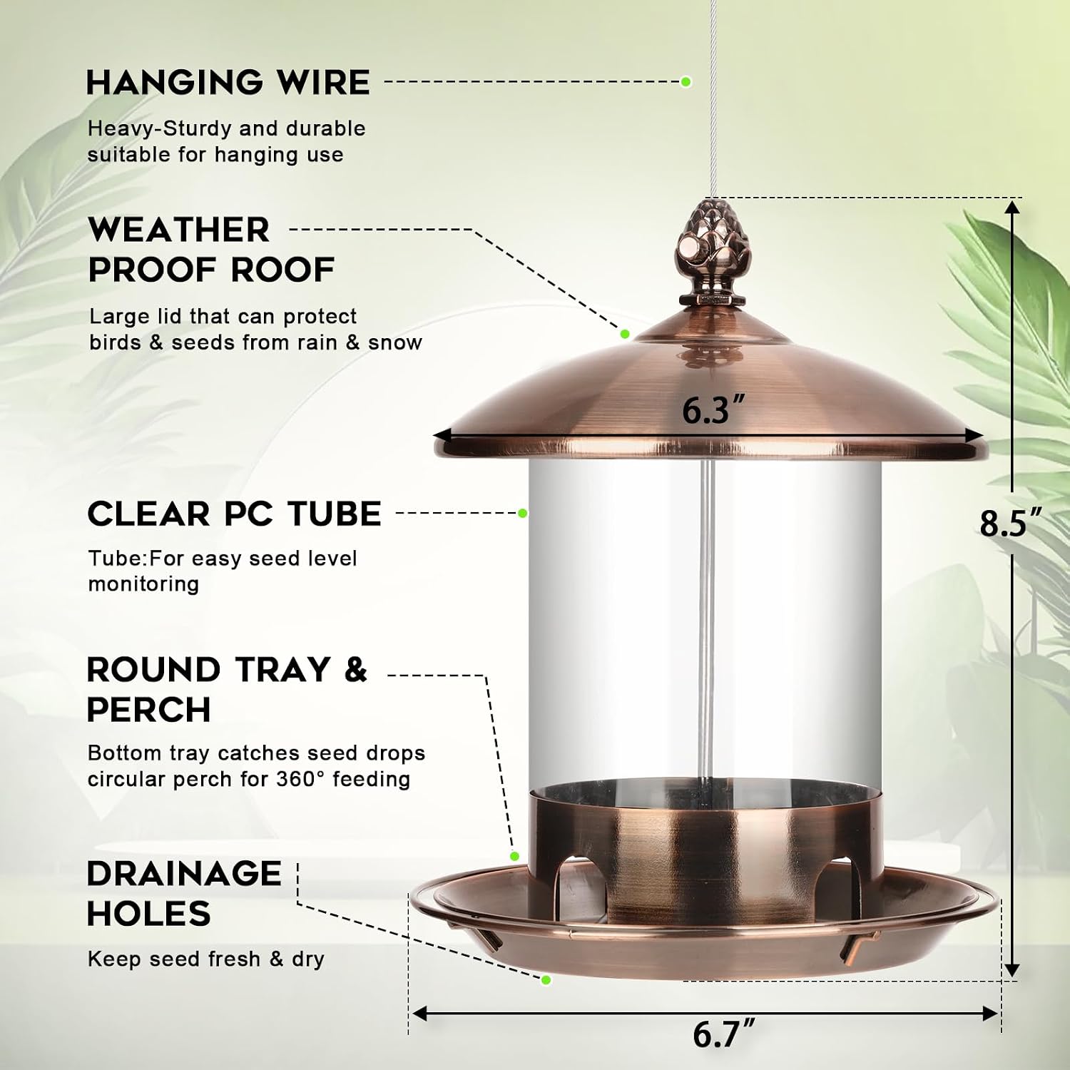 Detalle 2 de Gbekery HKTY-WSQ-GTCG Hanging Bird Feeder, 2 lb Capacity, Copper, 360° Tray