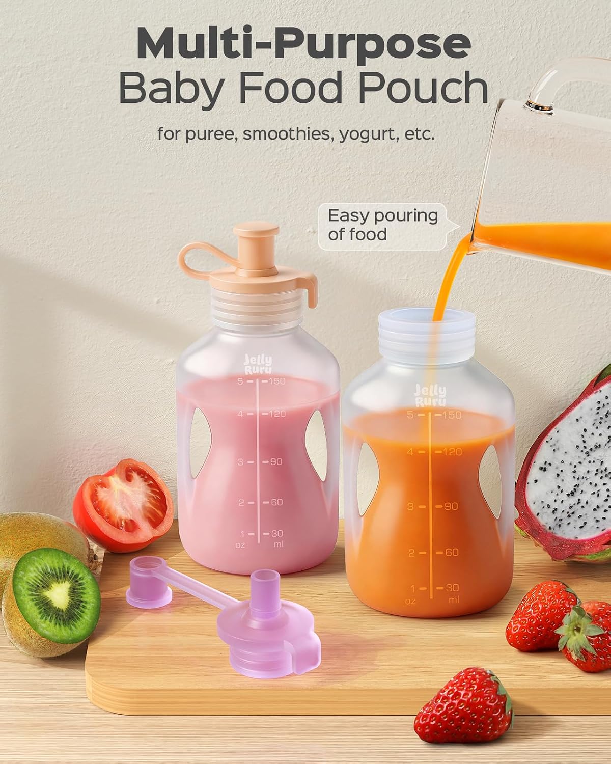 Detalle 2 de Jelly Ruru JR01 Reusable Silicone Baby Food Pouches, 5 oz, 4-Pack