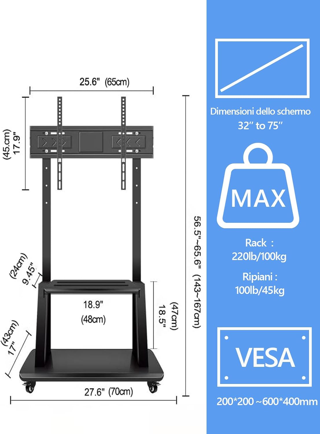 Detalle 2 de Hellsehen Supporto TV mobile con ruote: carrello robusto per schermi 32"–75" e lavagne interattive