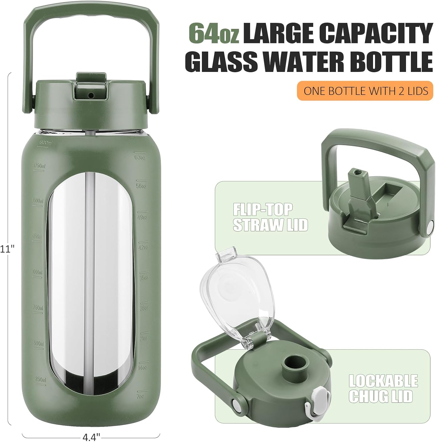 Thumbnail 3 de BLUEGO 2L Glass Water Bottle with Two Lids – Motivational 64oz Bottle for Gym, Home and Office