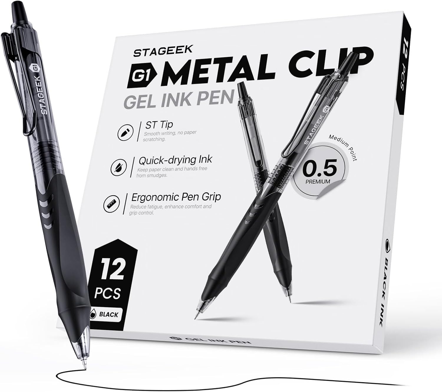 Detalle de STAGEEK GX1 ブラックジェルペン 0.5mm・速乾インク・ノック式 12本セット