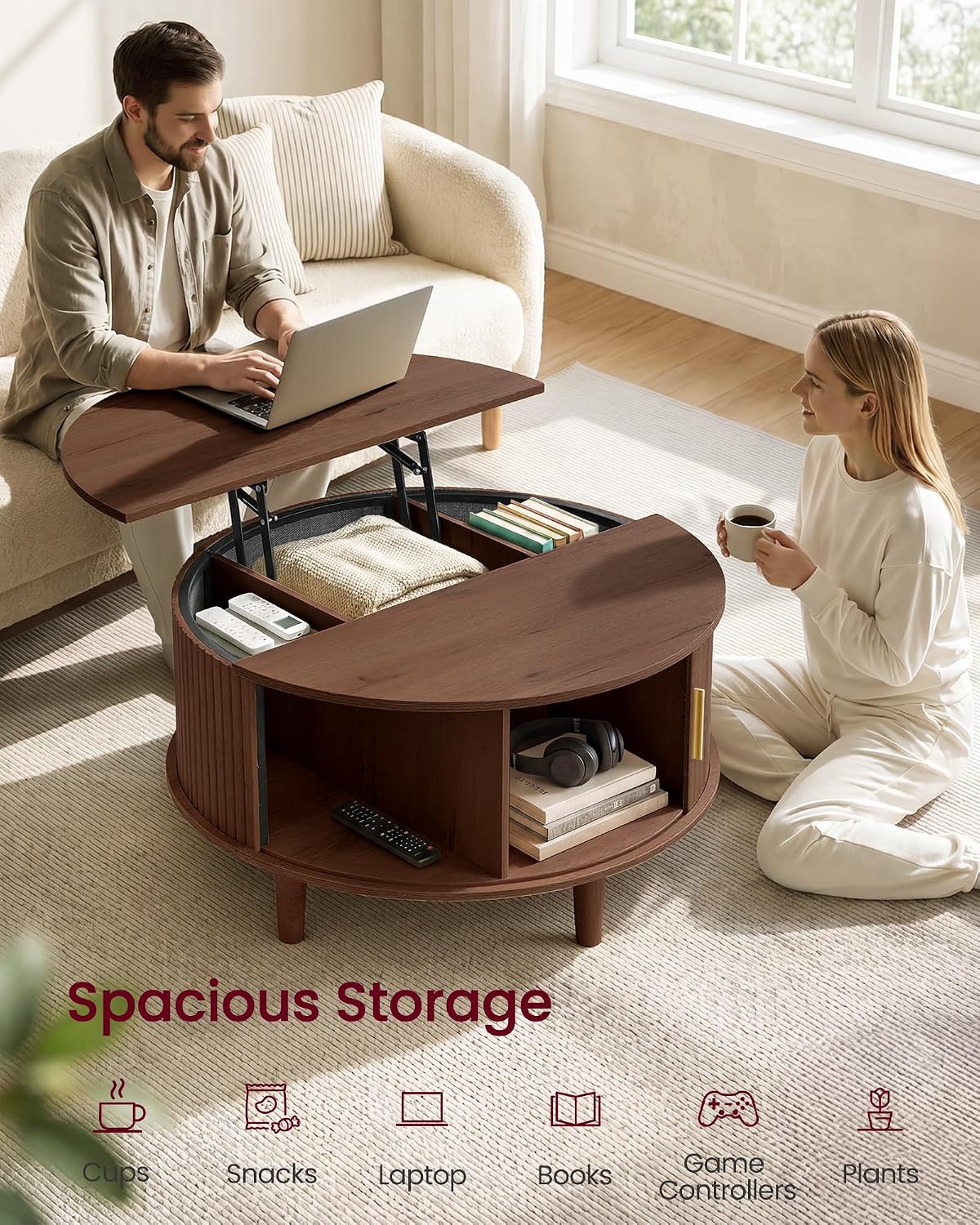 Detalle 1 de VASAGLE ULCT275K201 Round Lift-Top Coffee Table, Chestnut Brown, Fluted Design