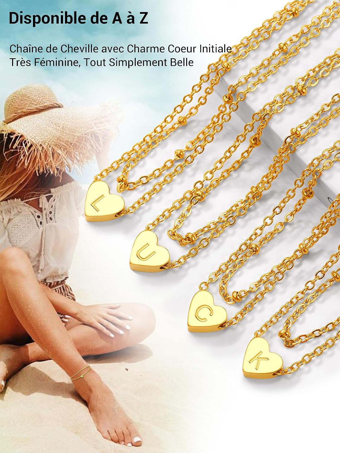 Detalle de PROSTEEL Bracelet de cheville femme plaqué or jaune 18k en acier inox 316L, double chaîne ajustable et charm cœur initiale