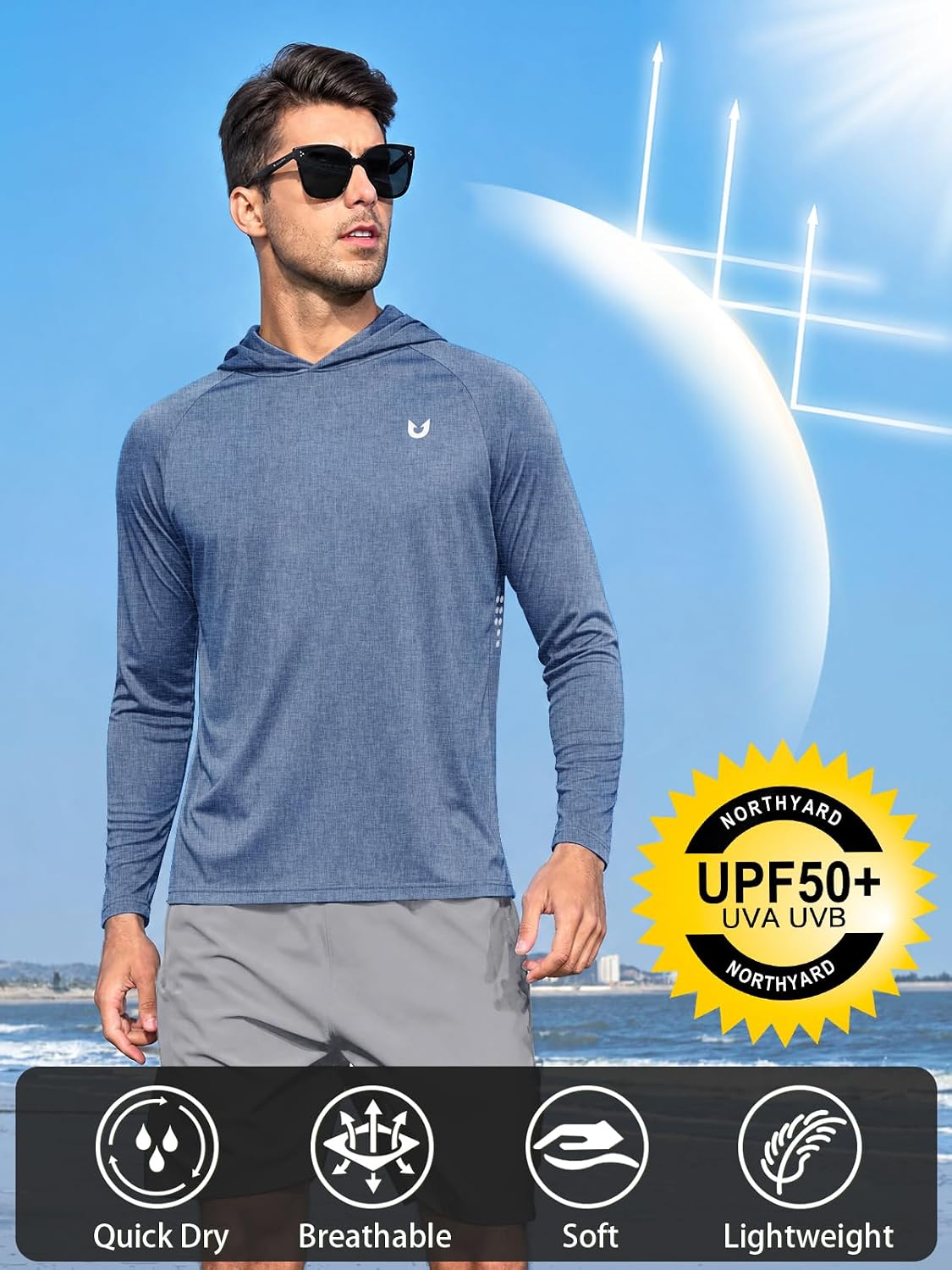 Detalle de NORTHYARD Men's UPF 50+ Sun Protection Hoodie Long Sleeve Rash Guard