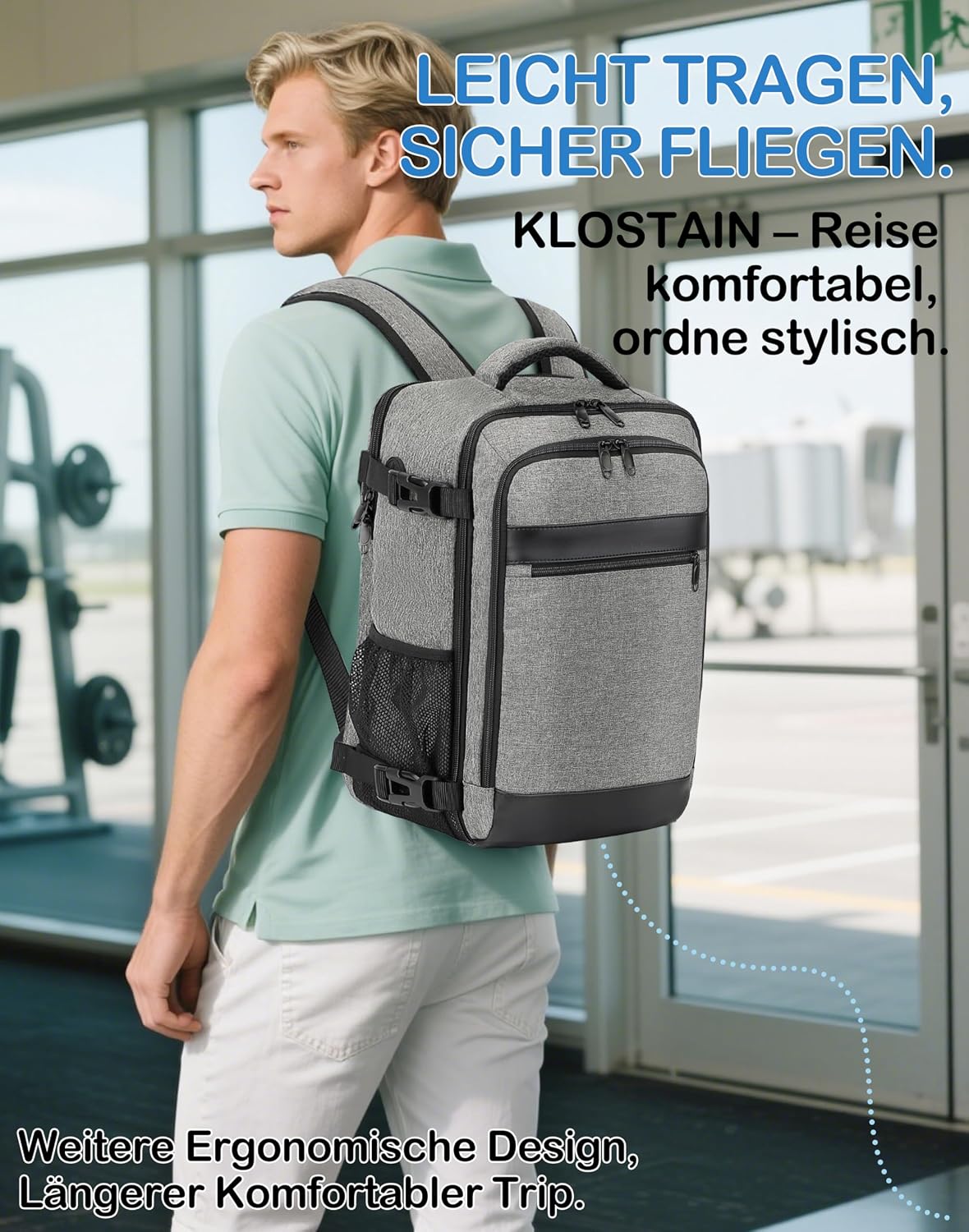 Thumbnail 5 de KLOSTAIN Handgepäck Rucksack 40x20x25 cm – 20L, 14-Zoll Laptopfach, Grau – kompatibel mit Ryanair/Eurowings