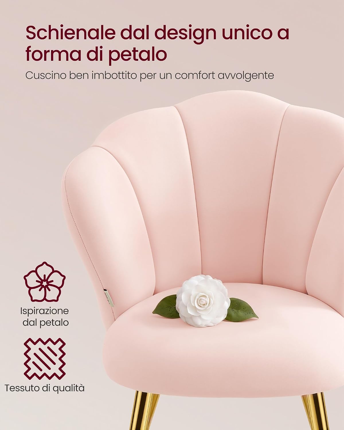 Detalle de VASAGLE Sedia da Pranzo Cucina KDC099S101: seduta imbottita in velluto rosa con schienale a forma di petali