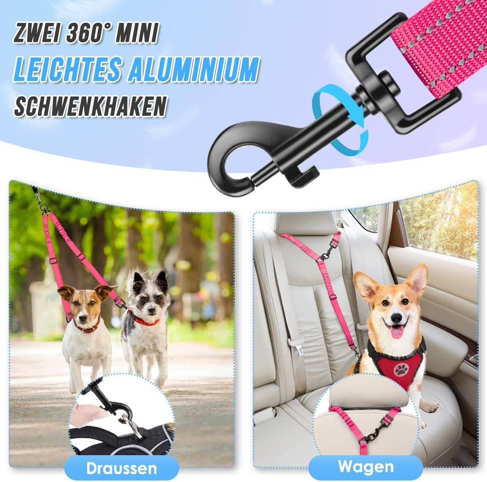 Detalle de Nasjac Doppelte Hundeleine – 360° drehbar, verstellbar, reflektierend & stoßdämpfend für zwei Hunde