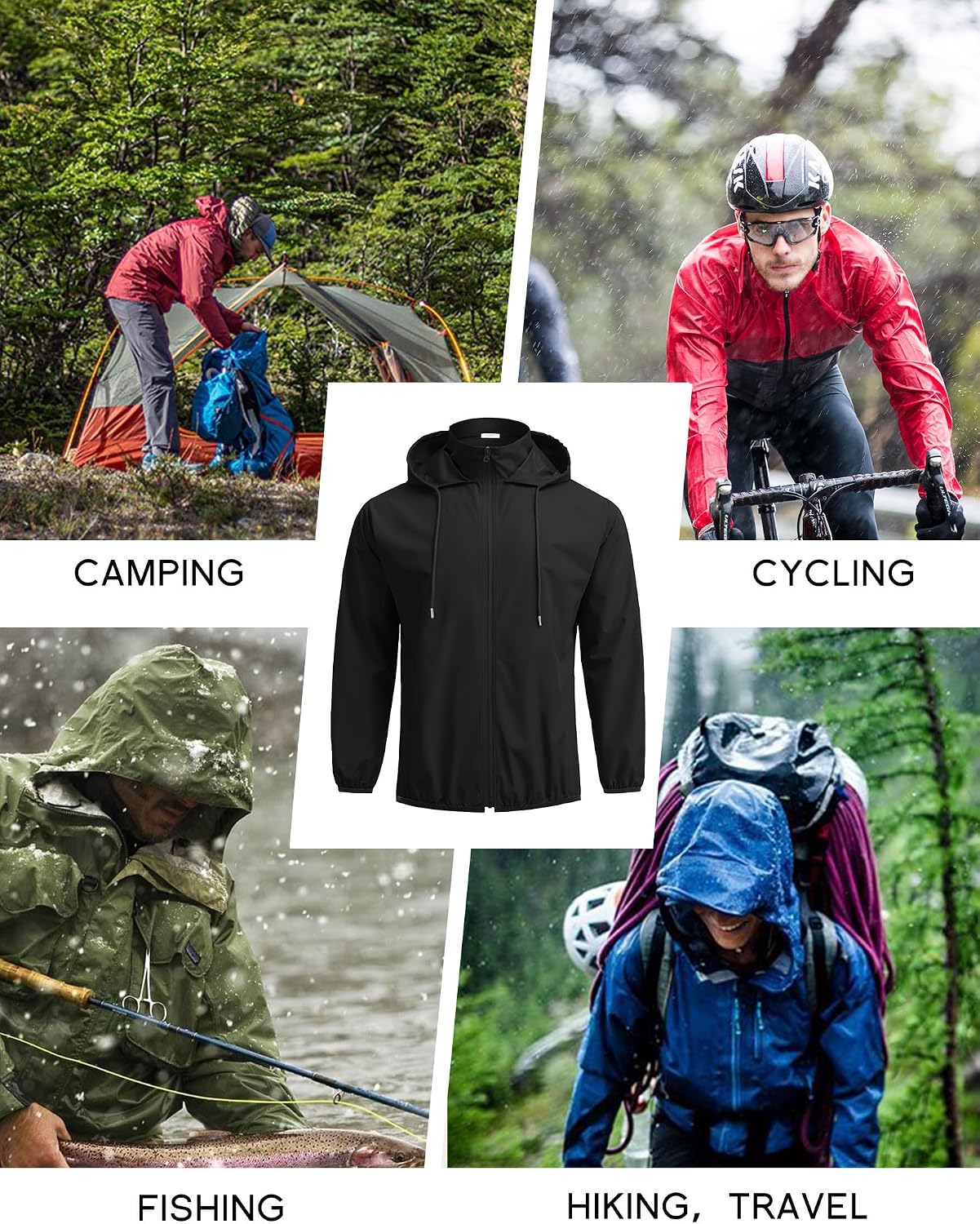 Detalle 2 de COOFANDY Men's Light Rain Jacket with Hood: Packable Waterproof Windbreaker for Travel & Outdoors