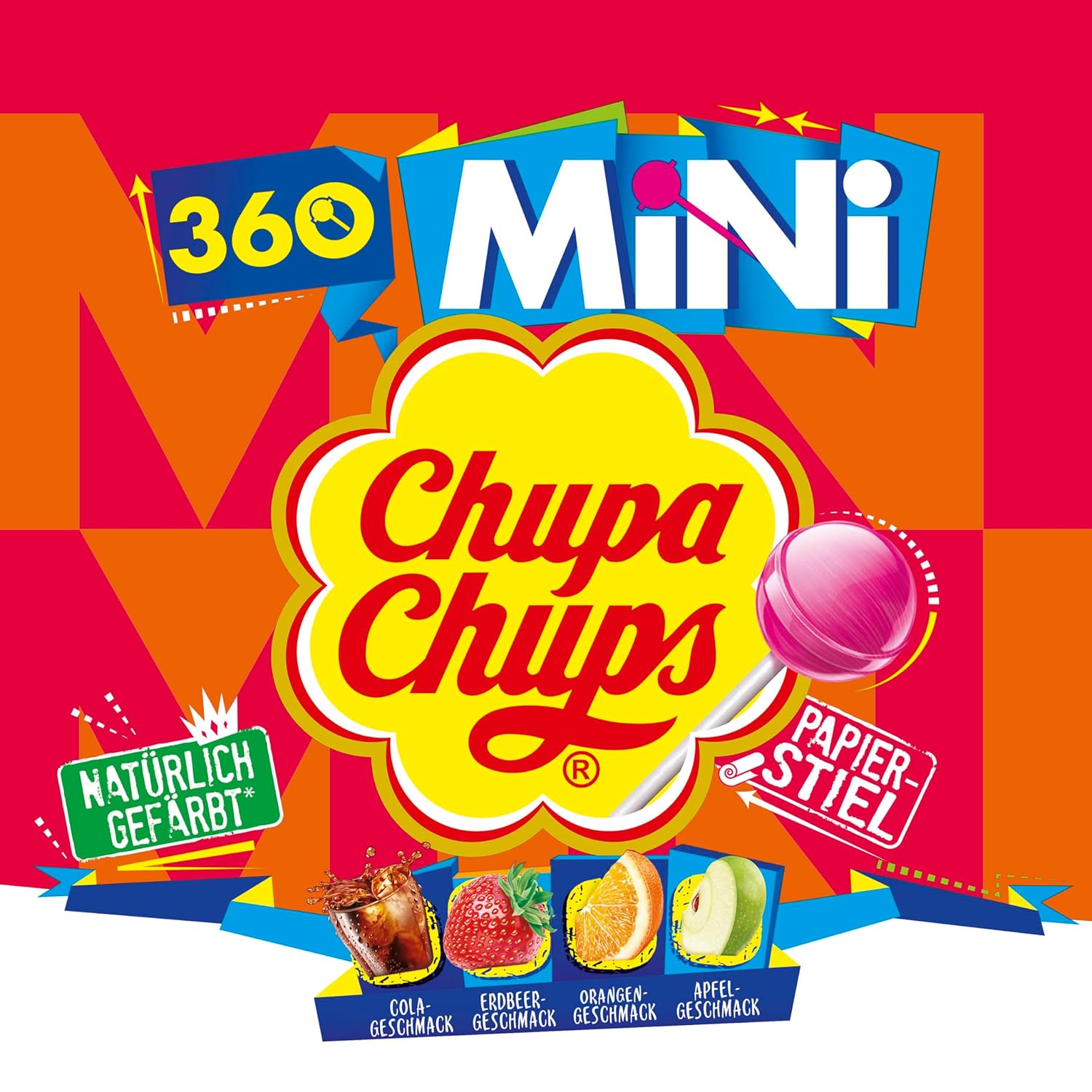 Detalle de Chupa Chups Mini Classic Lutscher-Beutel – 360 Mini-Lollis in 4 Sorten (Cola, Orange, Erdbeere, Apfel)
