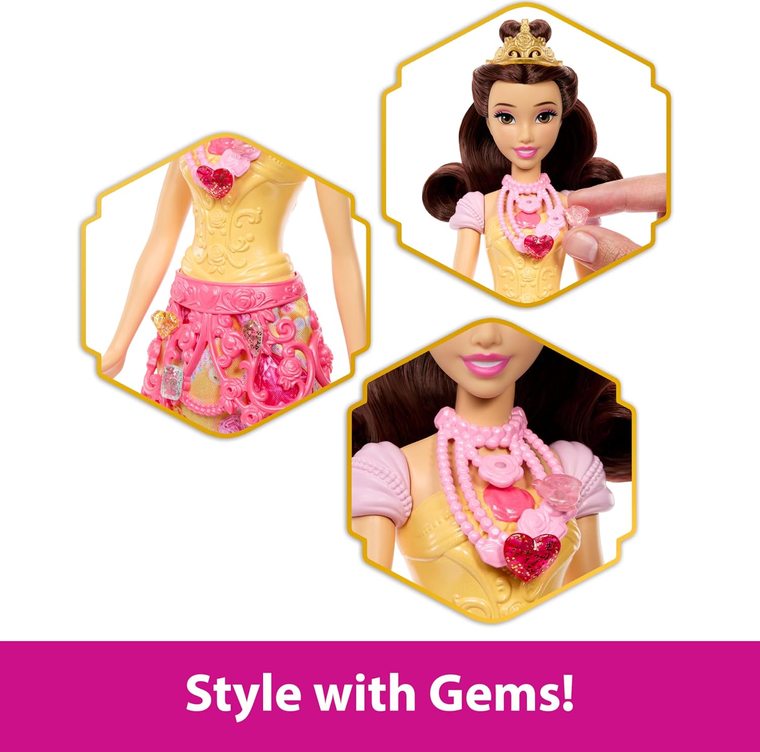 Detalle de Mattel Disney Princess Belle Jewel Reveal – Bambola con cuorito portagioie e gioielli, 3+ anni