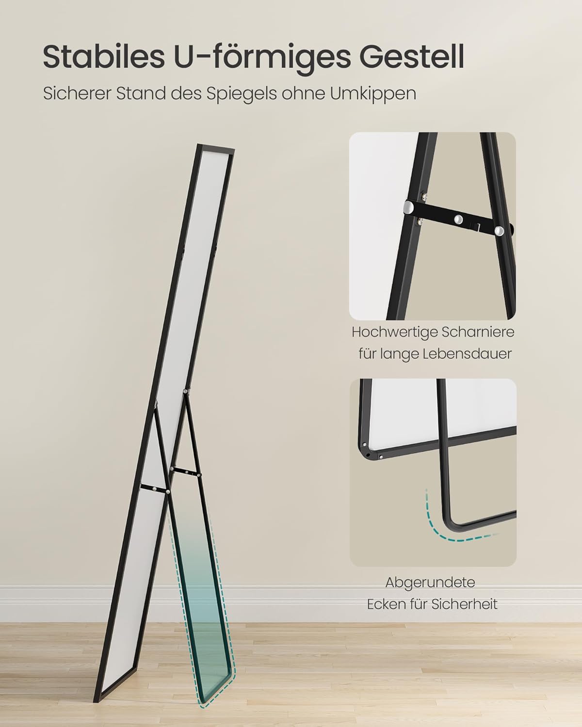 Thumbnail 3 de SONGMICS Ganzkörperspiegel 150 x 40 cm – rechteckiger Standspiegel mit Aluminiumrahmen, Hartglas, tintenschwarz
