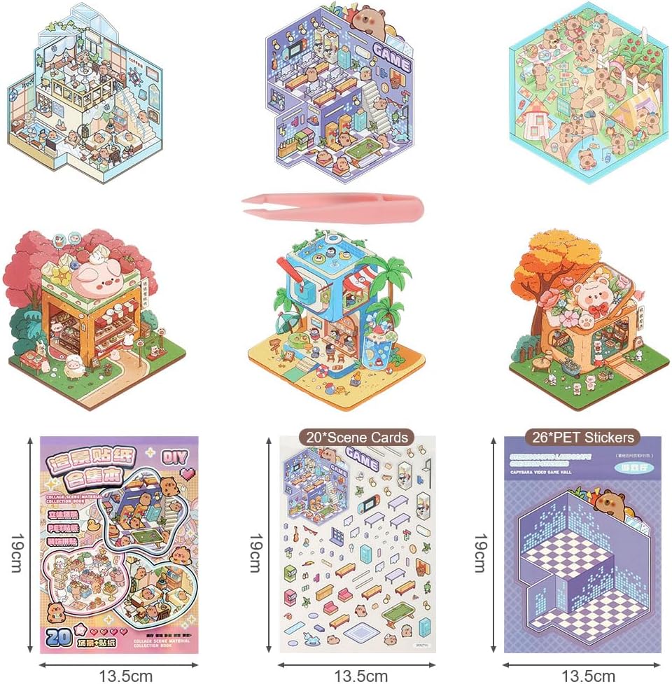 Detalle de Vicloon 3D-landschapsstickerset voor doe-het-zelf, 20 scènes en pincet