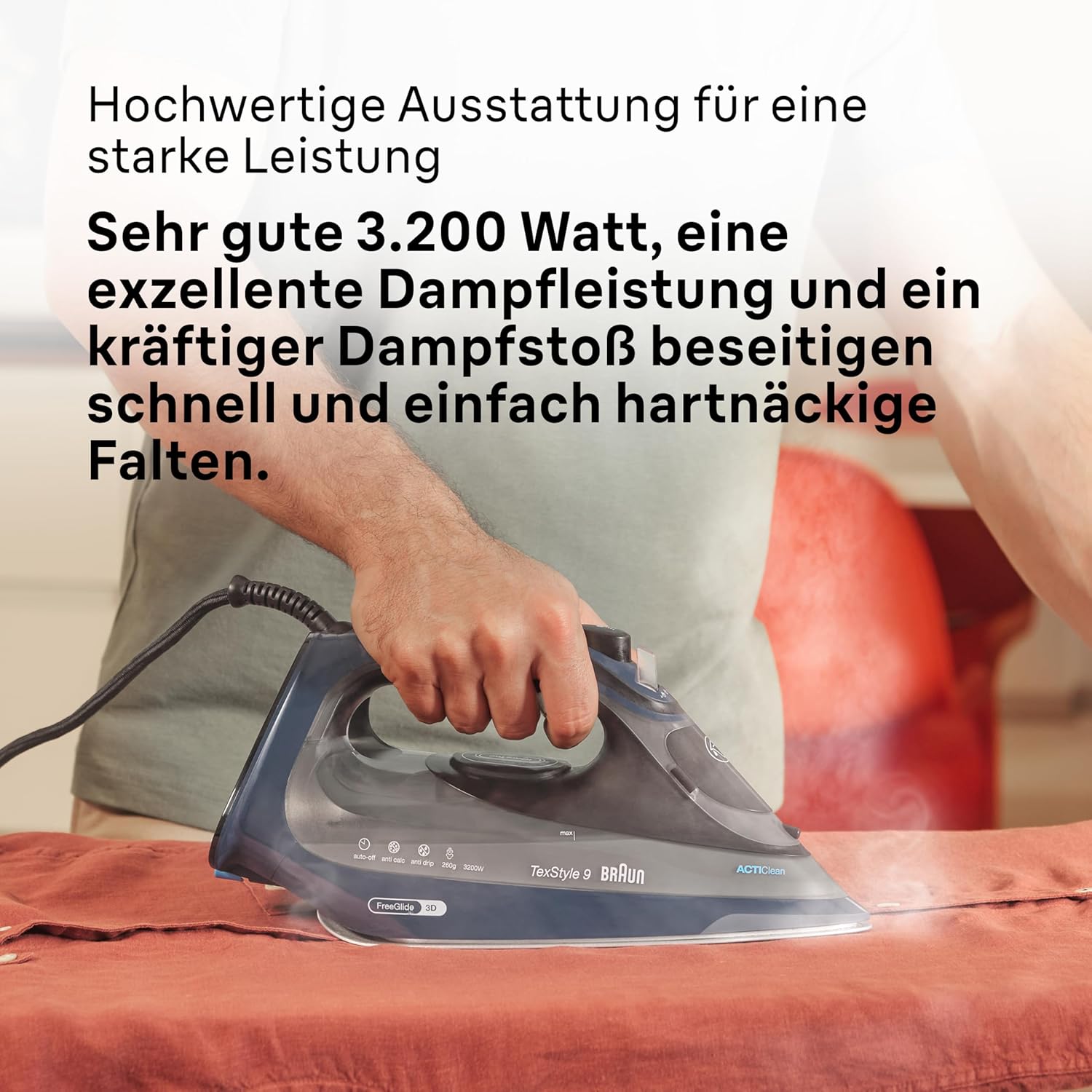 Detalle de Braun TexStyle 9 SI9682 DB Dampfbügeleisen mit FreeGlide 3D-Technologie – leistungsstark, vertikales Dampfen & iCare-Schutz