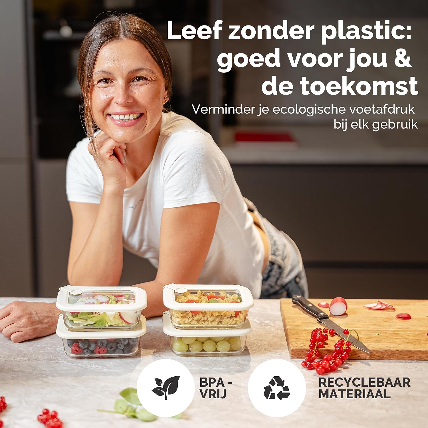 Detalle 2 de Dalena Home glazen vershoudbakjes 4 x 370 ml met glazen deksel