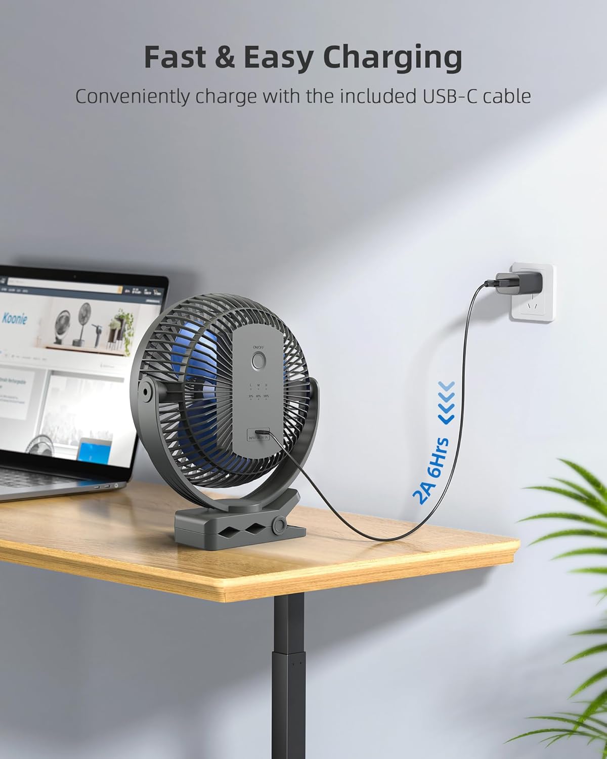 Thumbnail 6 de Koonie 10000mAh Clip on Fan (8 inch) – rechargeable USB clip fan with 360° rotation and 4 speeds