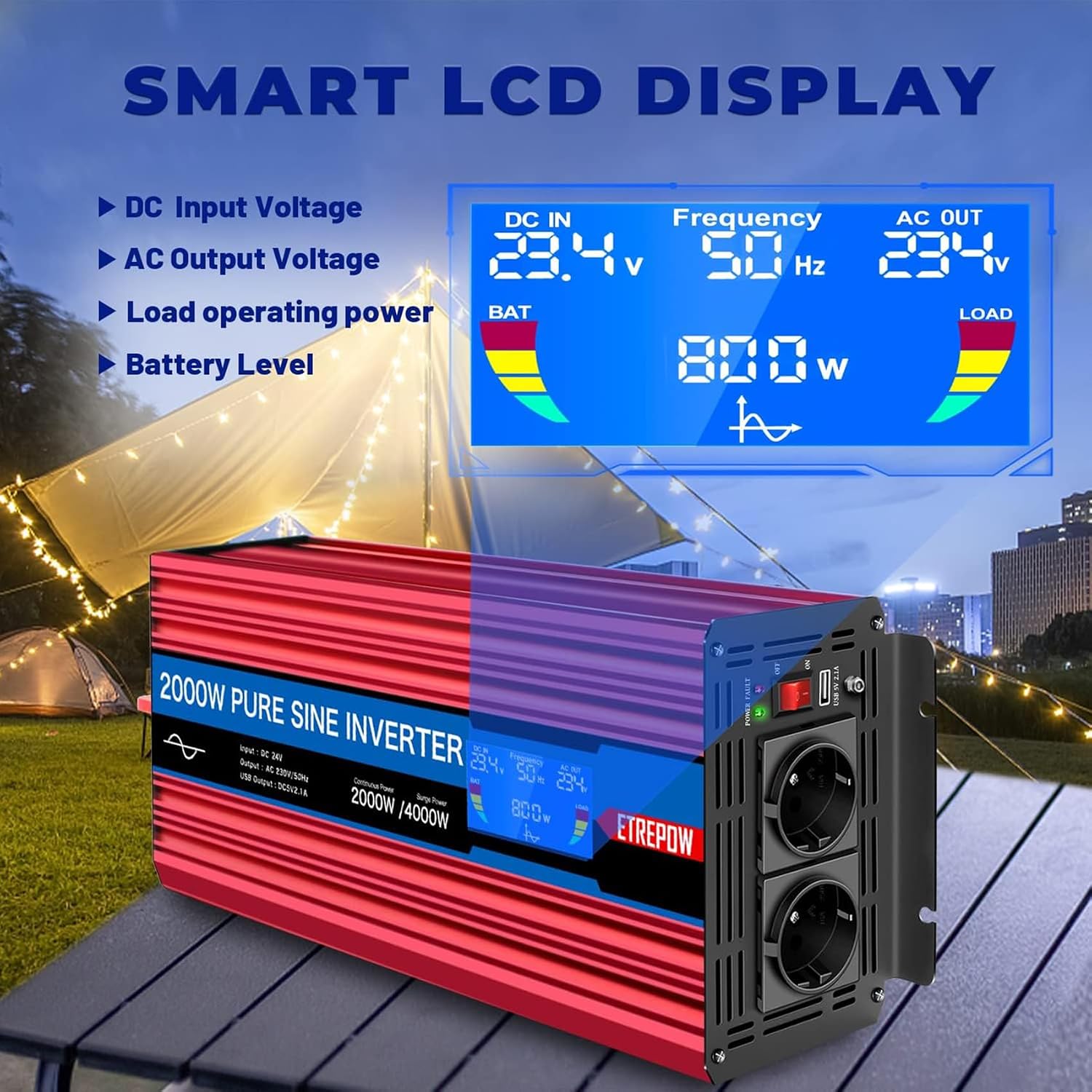Detalle de ETREPOW 2000W Inverter 24V a Onda Pura 220V con TeleComando Wireless, Display LCD e 2 prese EU + USB