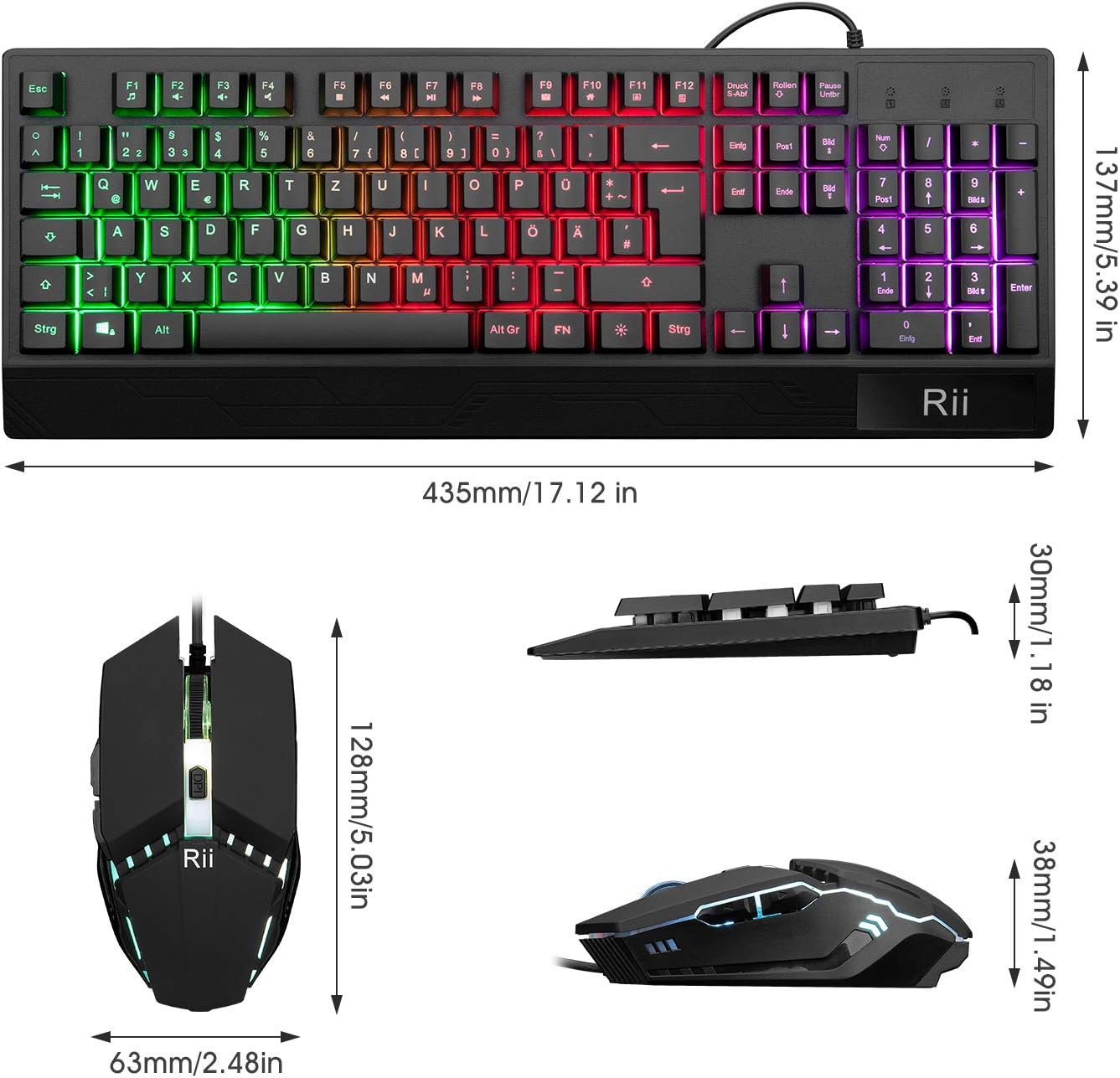 Detalle 2 de Rii Gaming Tastatur und Maus Set – RGB-Beleuchtung, DE-Layout, QWERTZ, wasserdicht