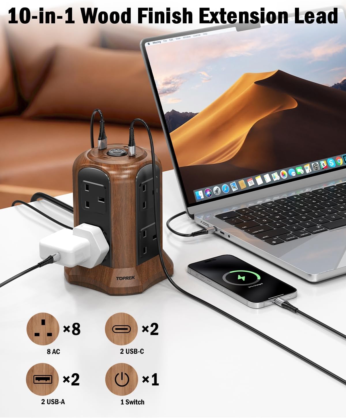 Thumbnail 1 de TOPREK Wooden Grain Tower Extension Lead with USB Slots (1800J Surge) – 8 AC + 2 USB-C + 2 USB-A, 2m