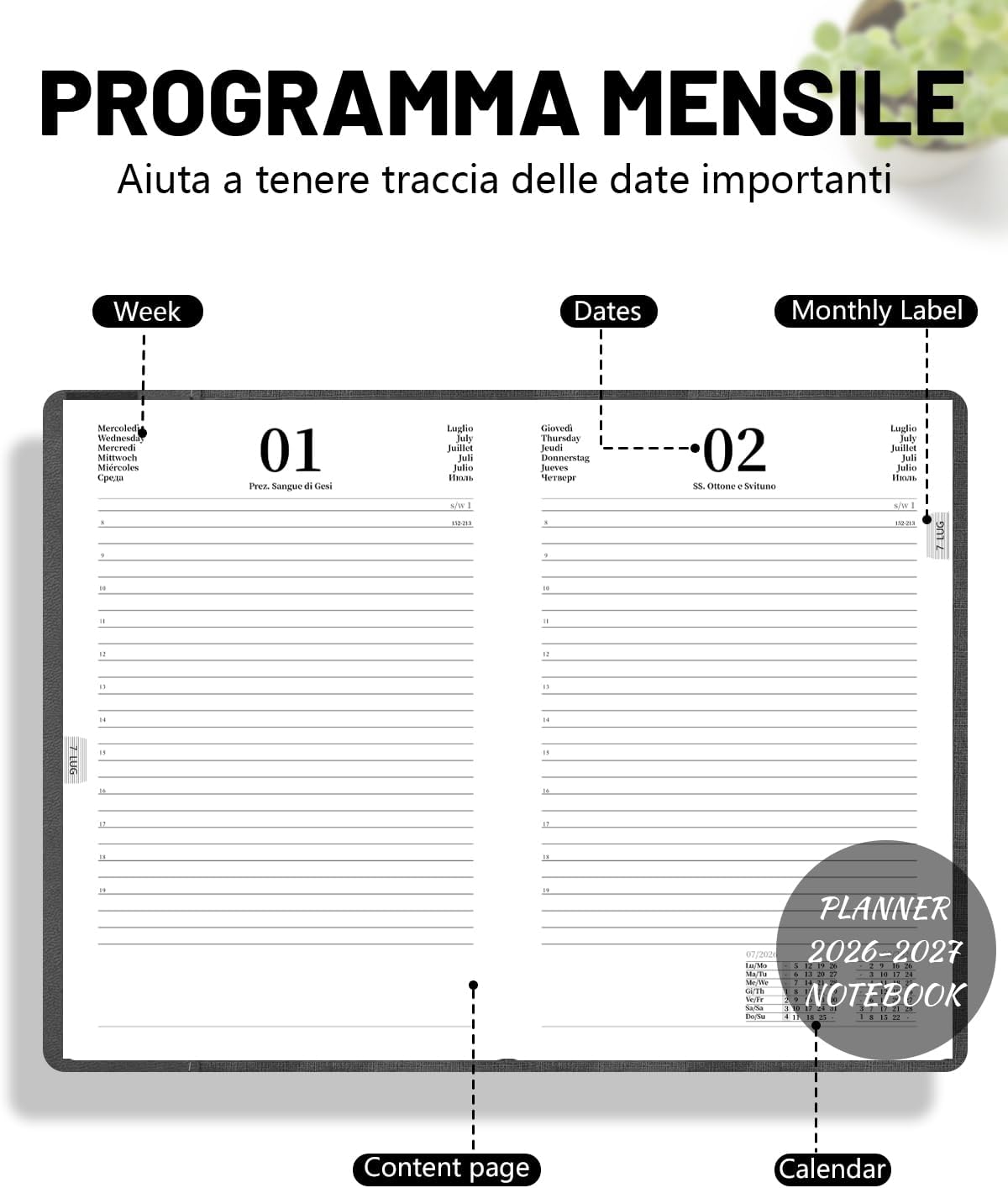 Detalle de HW CASA Agenda Giornaliera 2026–2027 A5: diario con festività multilingue, etichette mensili 3D e formato PU+CARTA