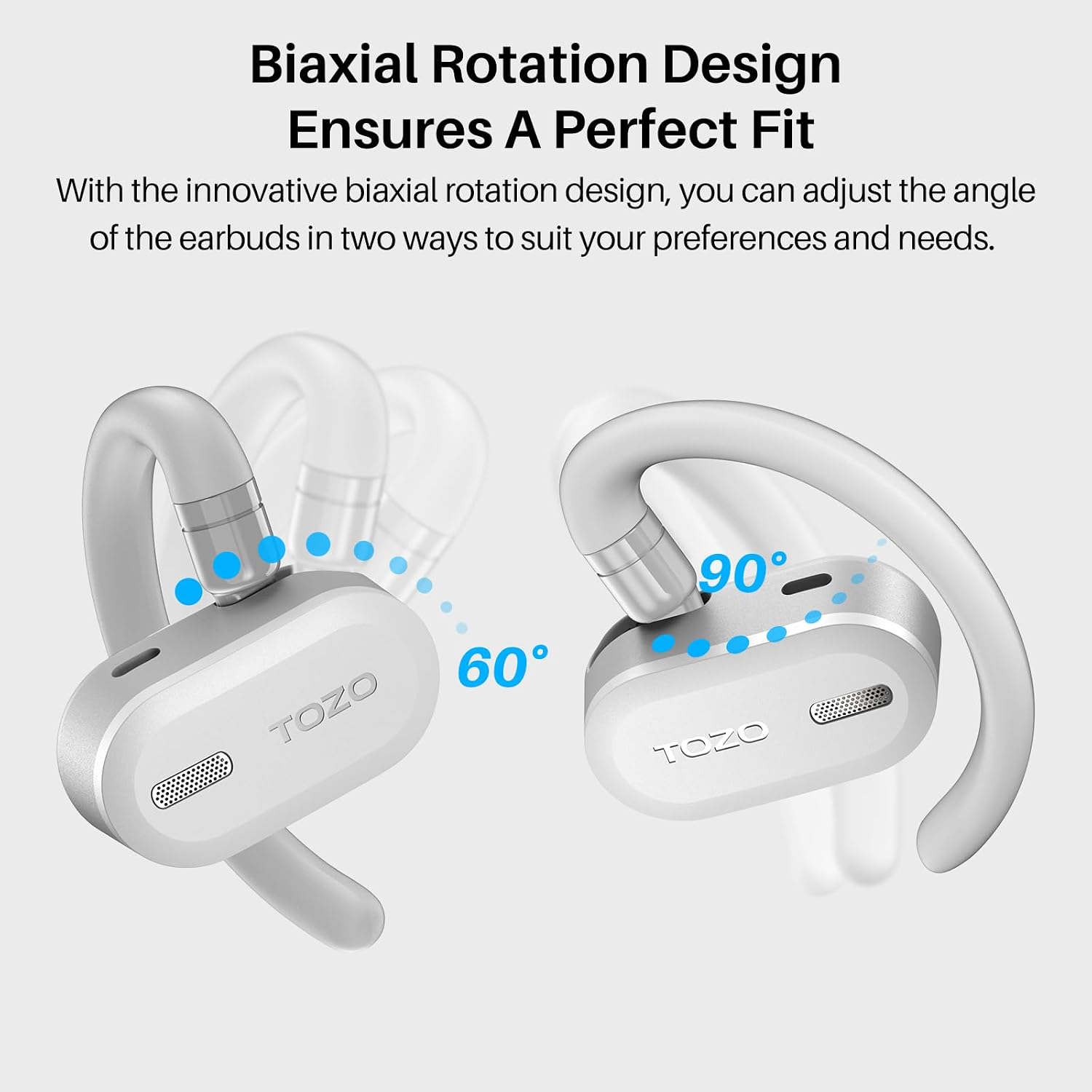 Detalle 2 de TOZO O2 Open Ear Wireless Headphones – Lightweight, Dual-Axis Comfort for Everyday Use