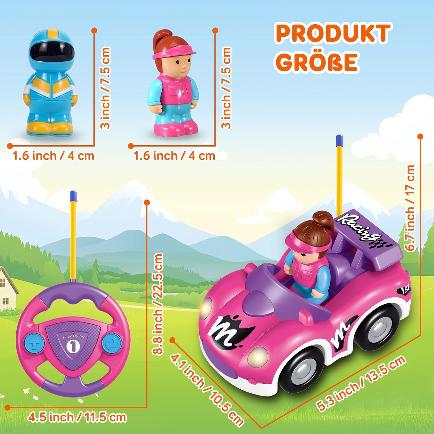 Detalle de Pup Go Kleinkind RC Cartoon Rennwagen – erstes ferngesteuertes Auto ab 18 Monaten mit Musik, Licht und 2 Figuren