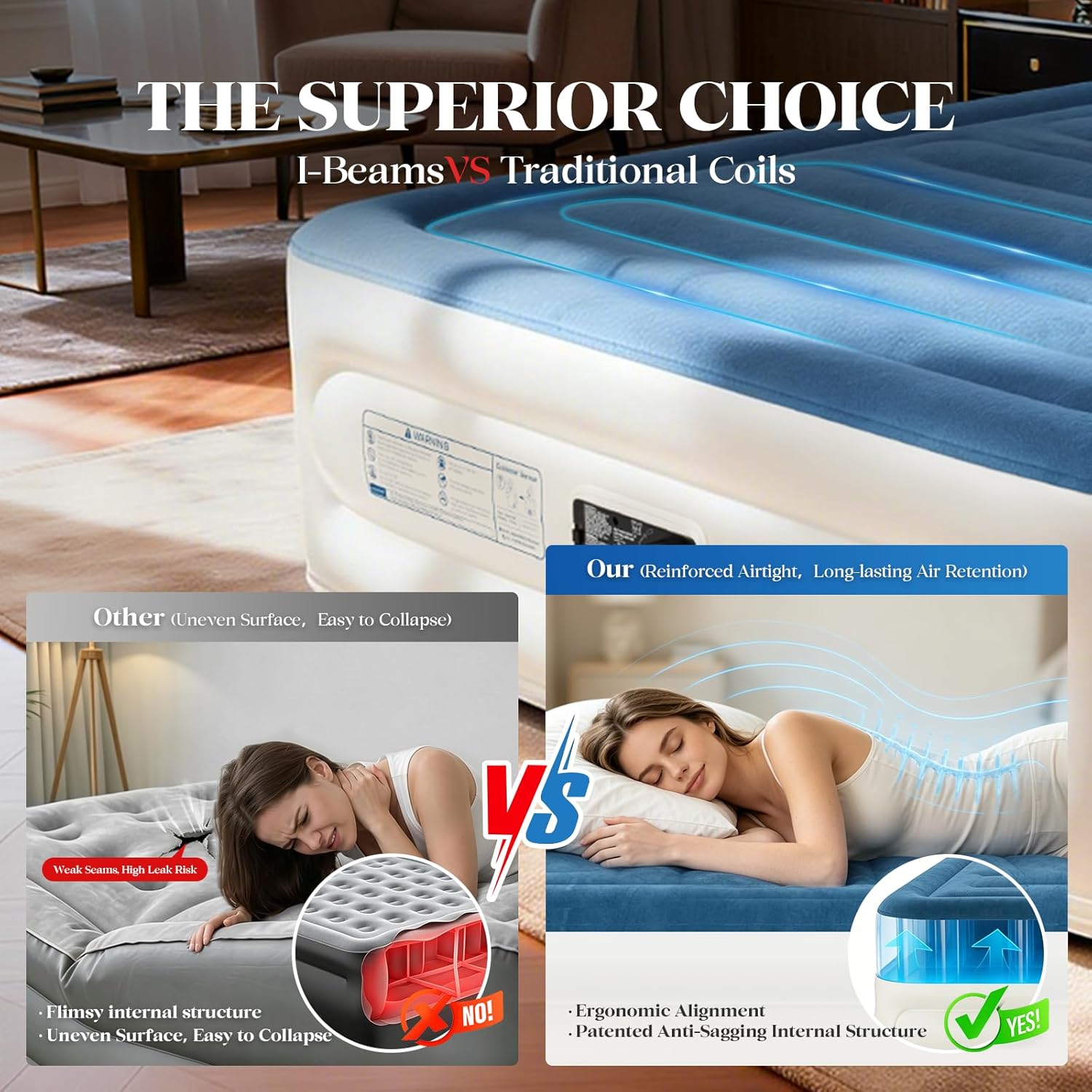 Thumbnail 3 de VOSSER Queen Air Mattress with Built-in Pump (18-inch raised, leak-proof PVC) — flocked top inflatable bed up to 800 lbs