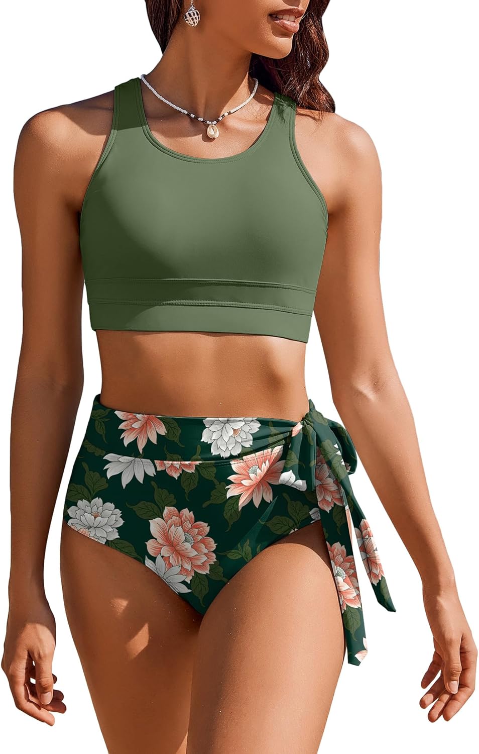 Detalle de AI'MAGE Costumi da Bagno Donna a Due Pezzi Vita Alta: stampa leopardata/tropicale, imbottitura rimovibile