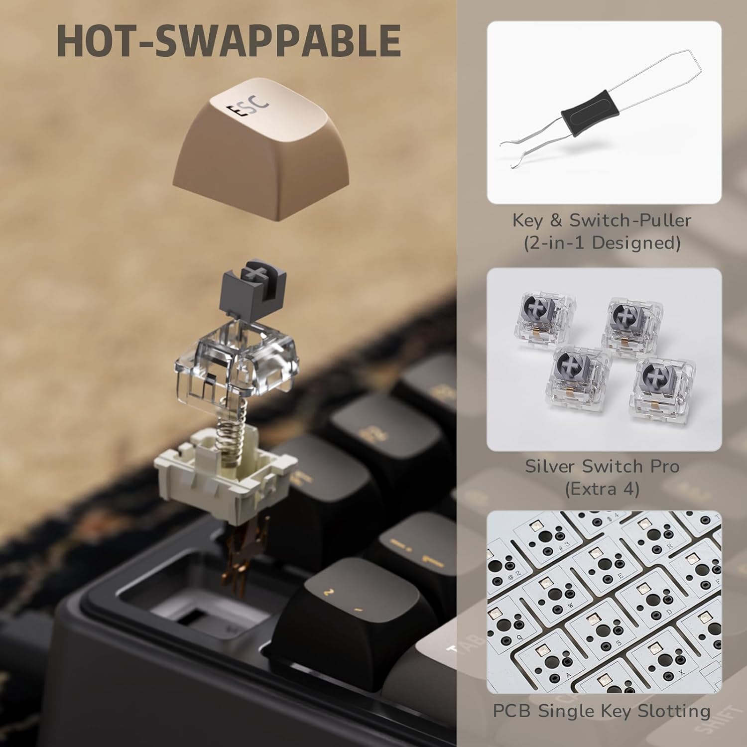 Thumbnail 4 de RK ROYAL KLUDGE R75 Wired Gaming Keyboard with Volume Knob (75% Mechanical) — QMK/VIA, Hot-Swappable Speed Silver