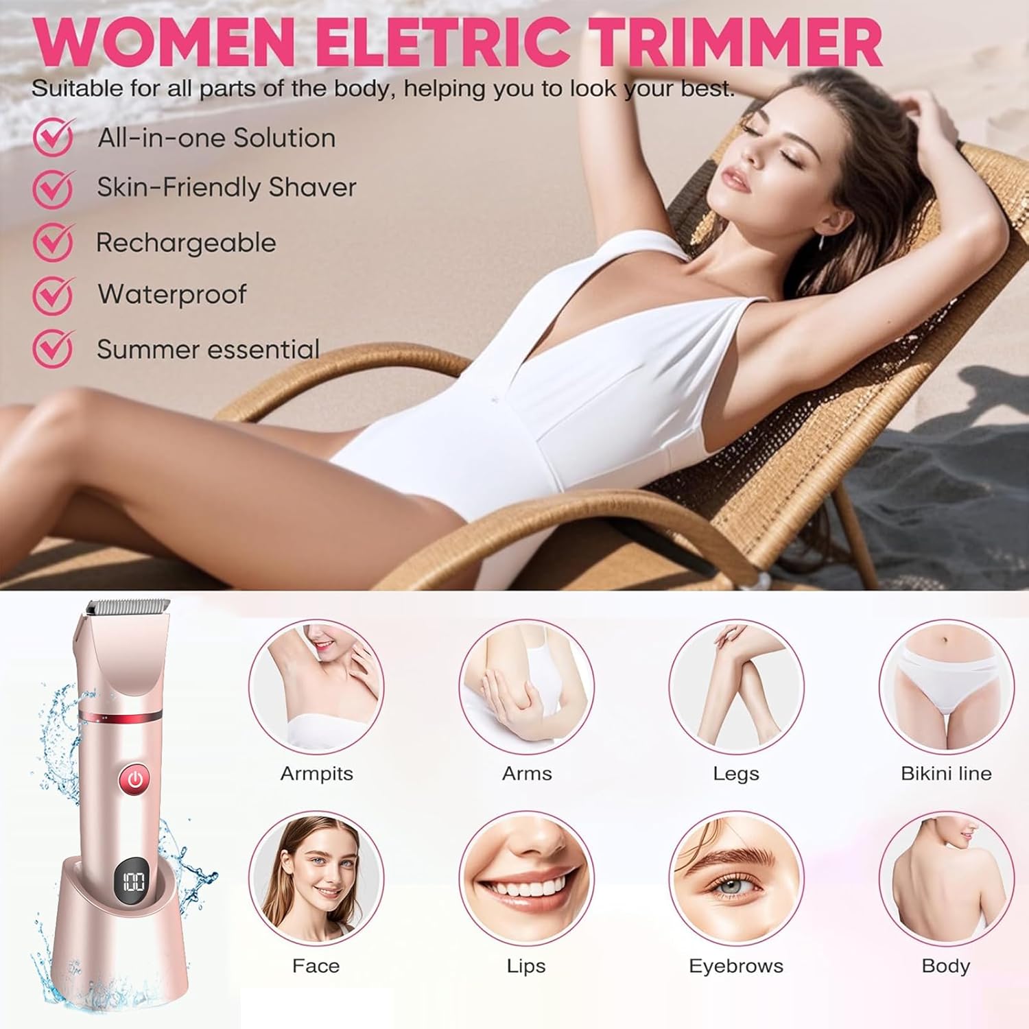 Thumbnail 3 de XkuiHF 3 en 1 Rasoir Electrique Femme — Tondeuse Intime IPX7, usage humide et sec (Rose)