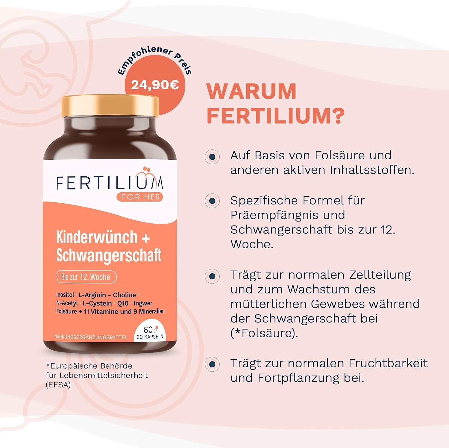 Detalle de Fertilium Kinderwunsch Folsäure + Inositol + Q10 – Prenatal Vitamine, 60 Kapseln