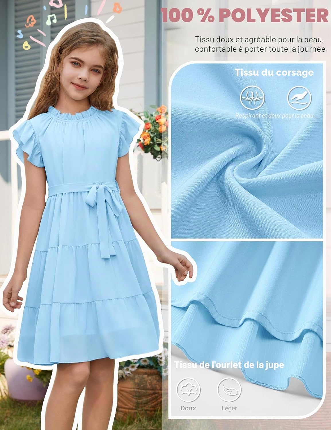 Thumbnail 4 de Fashora Robe d'Été pour Fille — Robe Trapèze Mi-Longue à Volants et Ceinture