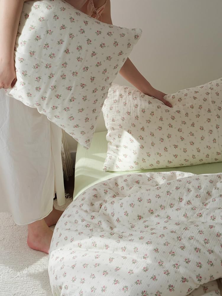 Thumbnail 6 de AShAnlan Doppelte Musselin Bettwäsche 135x200 cm (Baumwolle, rosa Blumenmuster) – mit Reißverschluss