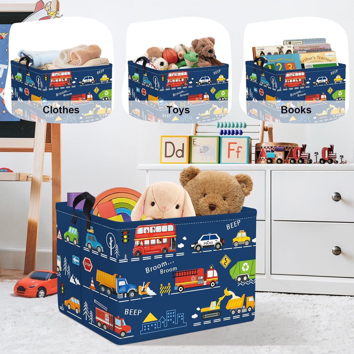 Detalle de HUUMONSS Cartoon Cars Storage Basket – 36L large toy box for kids’ toys, clothes and laundry