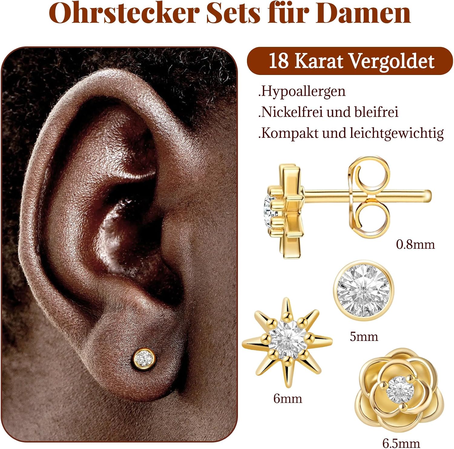 Detalle 2 de Jagosen Ohrstecker-Set mit Zirkonia, 3 Paar