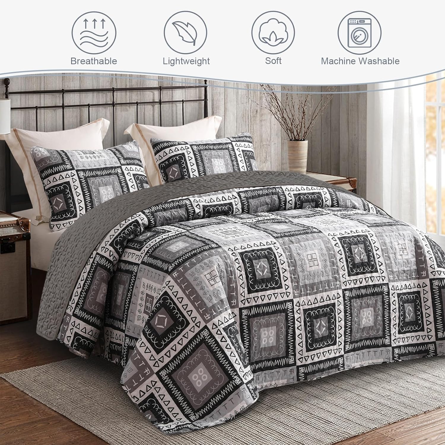 Detalle 2 de Exclusivo Mezcla Quilt13-EBLACK-Q Reversible Queen Quilt Set, Black Patchwork