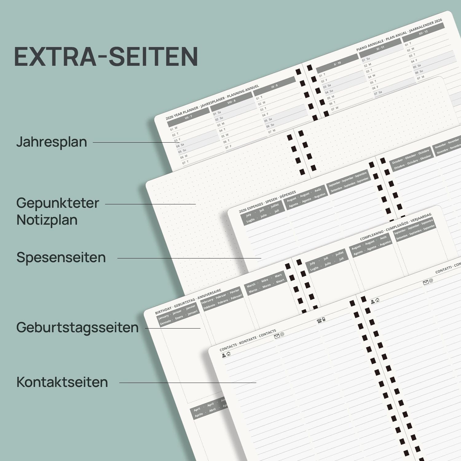 Thumbnail 4 de POPRUN Kalender 2026/2027 Wochenplaner (Aug.2026–Dez.2027) im Ringbuch, ca. A5 – Graugrün