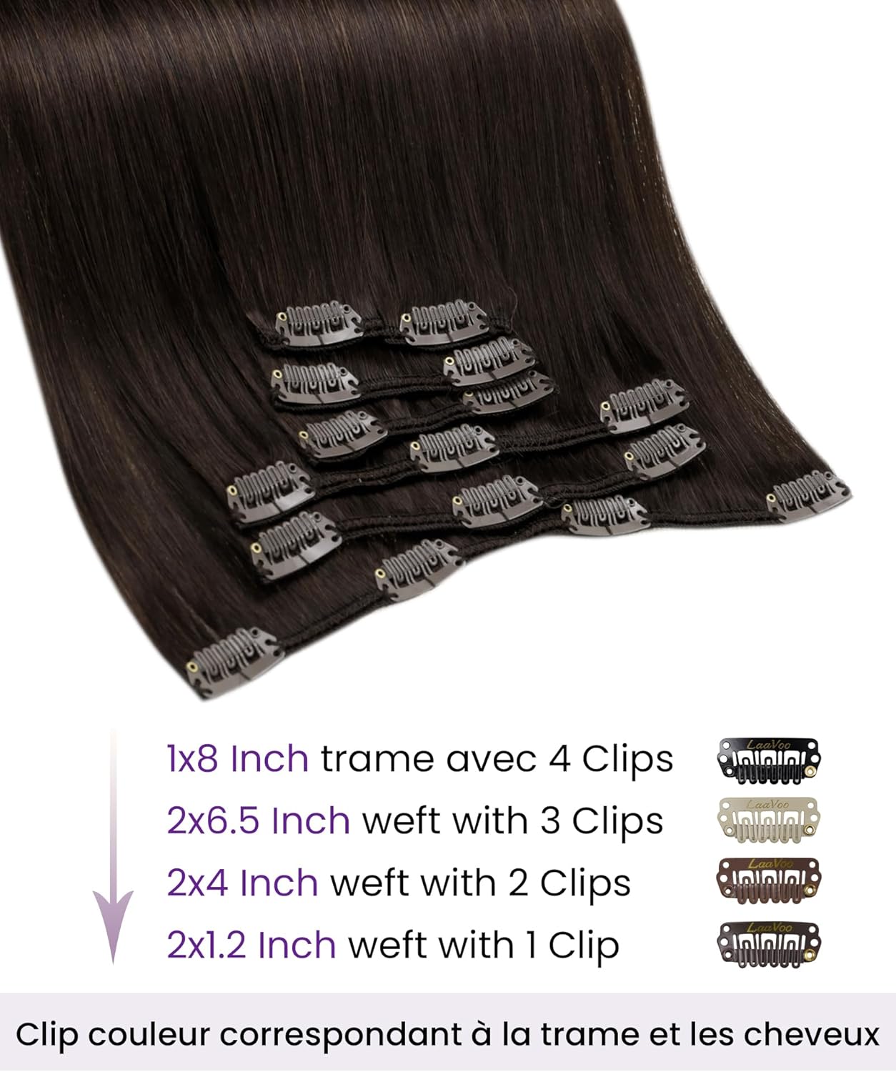 Thumbnail 2 de LaaVoo Extension clip cheveux naturels marron foncé double trame – 40 cm (7 pièces, 120 g) – Remy