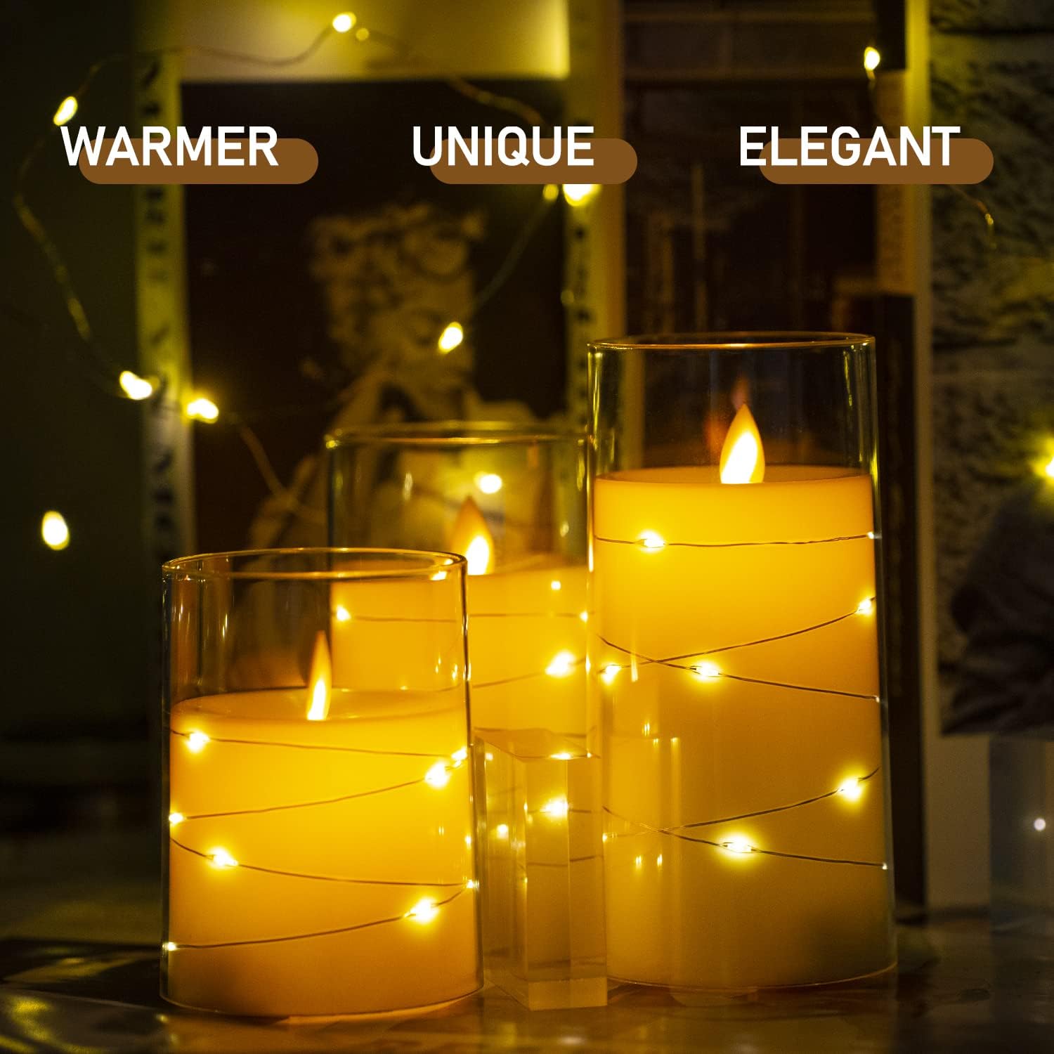 Thumbnail 3 de Salipt LED Flameless Candles, Battery Operated Flickering Candles Set of 3 (Glass Effect) with Remote Timer – Ivory