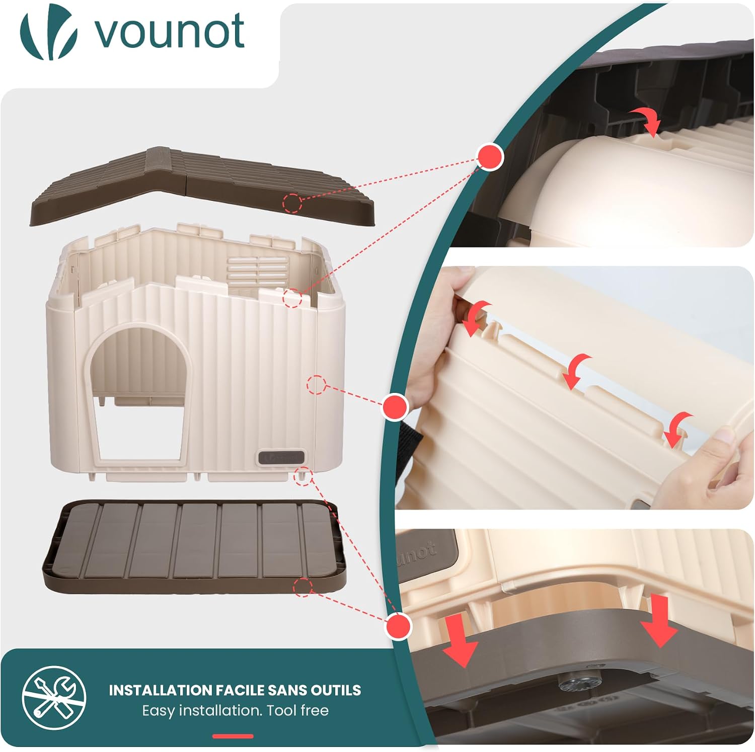 Thumbnail 6 de VOUNOT Katzenhaus & Hundehütte Indoor Outdoor – wetterfestes Refugium für Katze, Hund oder Kaninchen (75 × 63 × 51 cm)