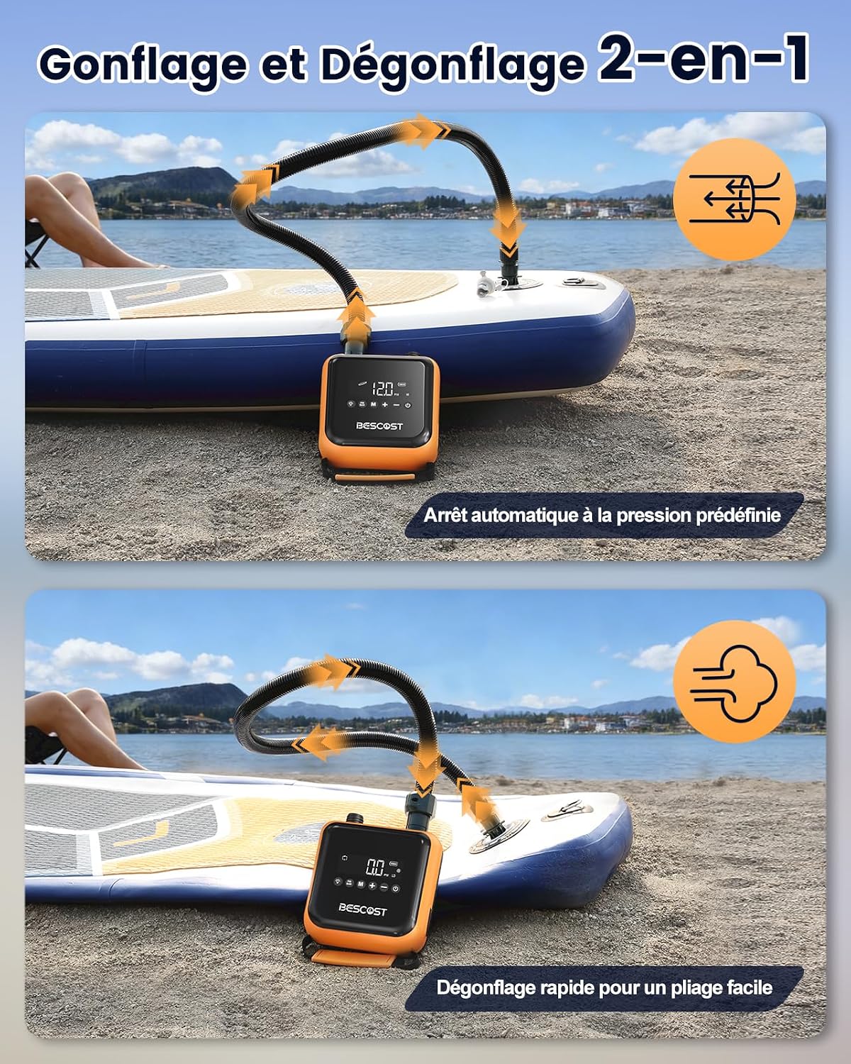 Detalle de Pompe SUP Électrique 20 PSI – Charge rapide 45W, gonflage/dégonflage double étage, Pack étanche et câble Type-C/12V