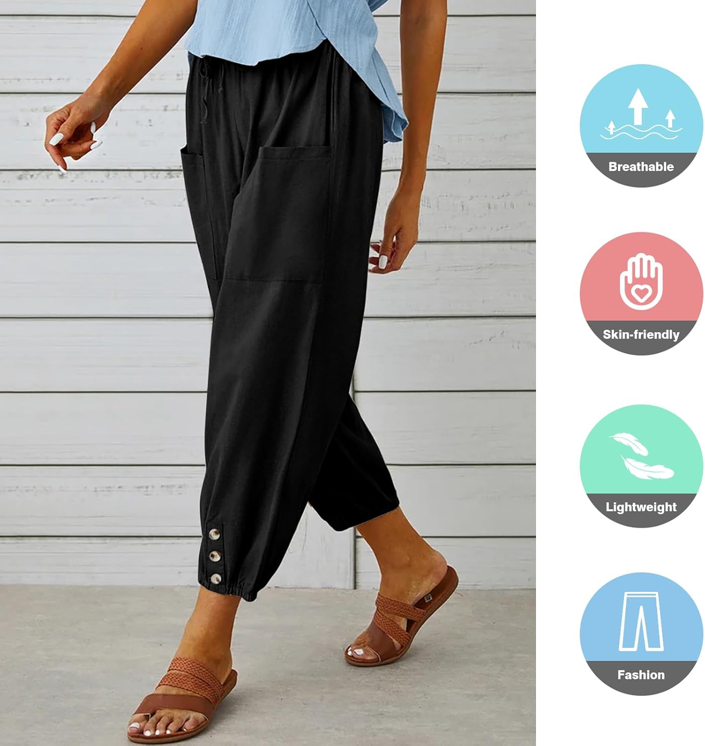Thumbnail 4 de CrystErzoix Pantaloni Donna Estivi Leggeri in Cotone - 7/8 a Gamba Larga con Elastico in Vita