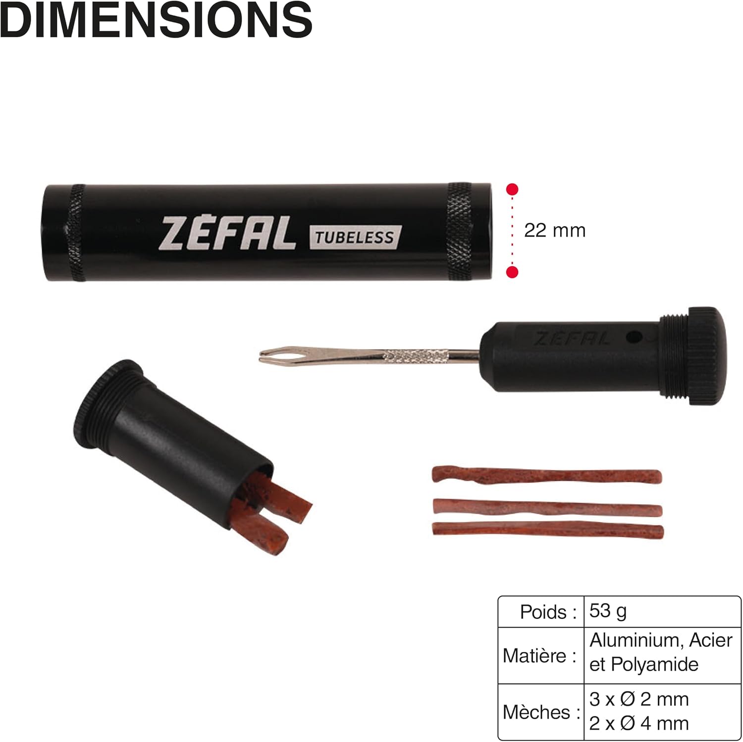 Detalle de ZEFAL Tubeless Repair Kit – Kit de réparation tubeless pour vélo et VTT (Noir, taille universelle)