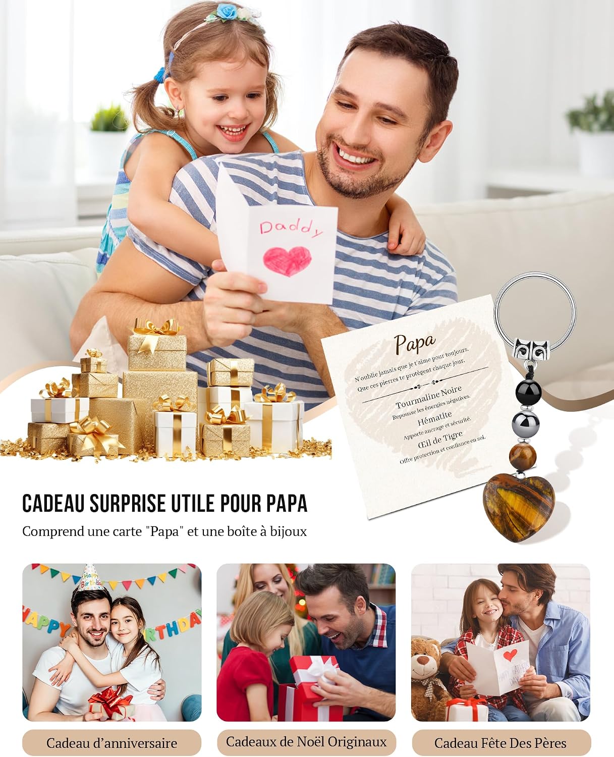 Detalle de Seyaa Cadeau Fete des Peres – Porte-clef Coeur en Œil de Tigre, Pierre Naturelle