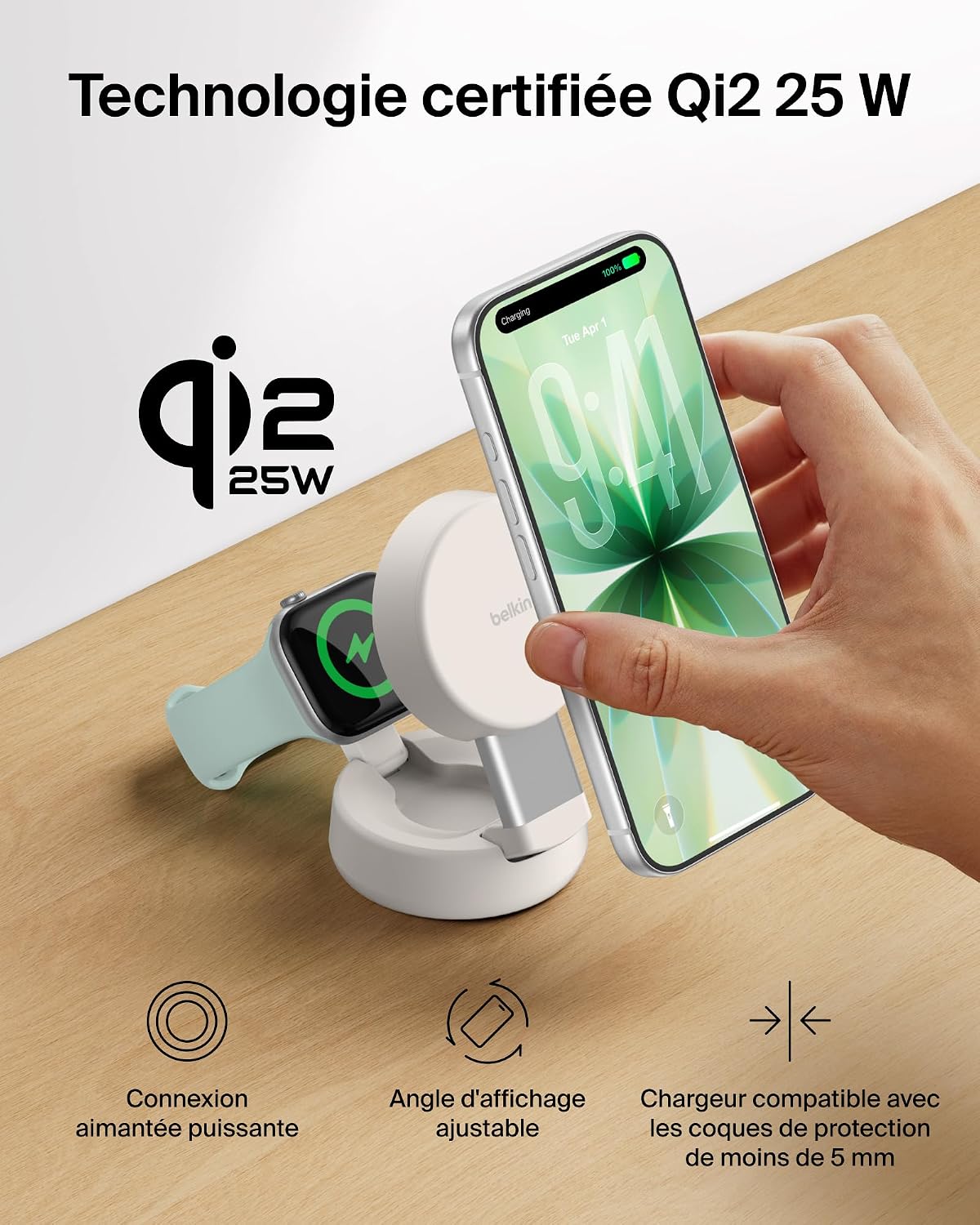 Detalle de Belkin UltraCharge 2-en-1 MagSafe : Chargeur Qi 25 W pliable et élégant avec adaptateur 45 W