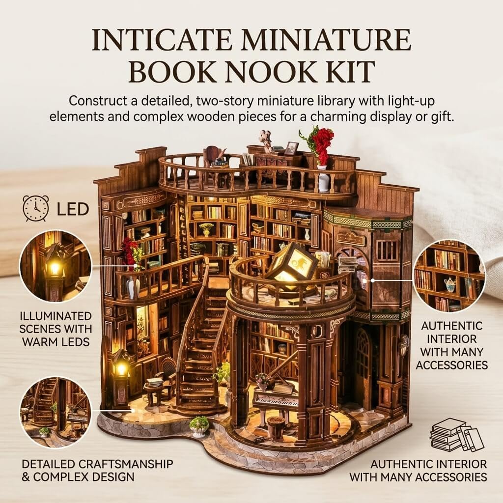 Thumbnail 2 de Cuiwos Book Nook Kit 888 Pcs: Dreamy Library with LED Lights – 3D Miniature Wooden Bookend