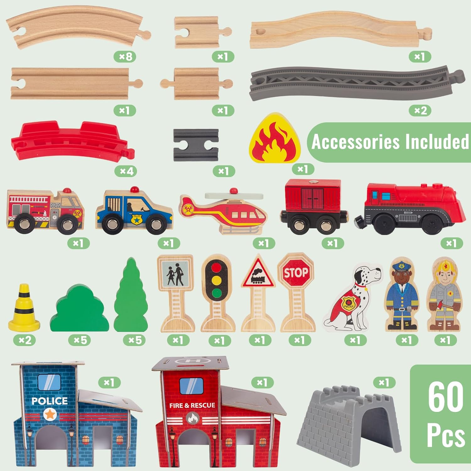 Detalle 2 de WoodenEdu 60-Pc Train Set ⚙