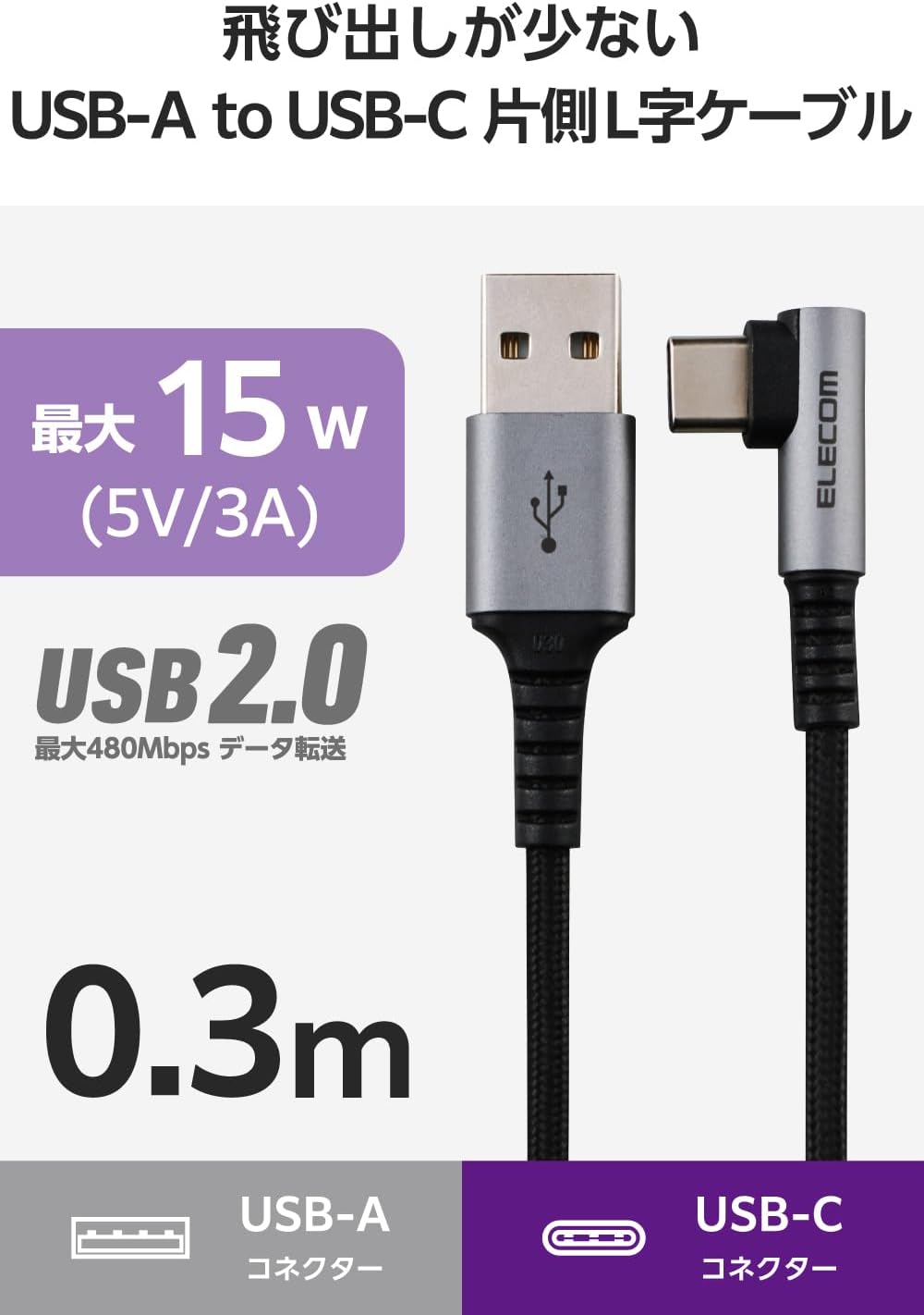 Detalle de エレコム MPA-ACECL03BK USB-A to USB-Cケーブル 0.3m L字・15W・ナイロンメッシュ