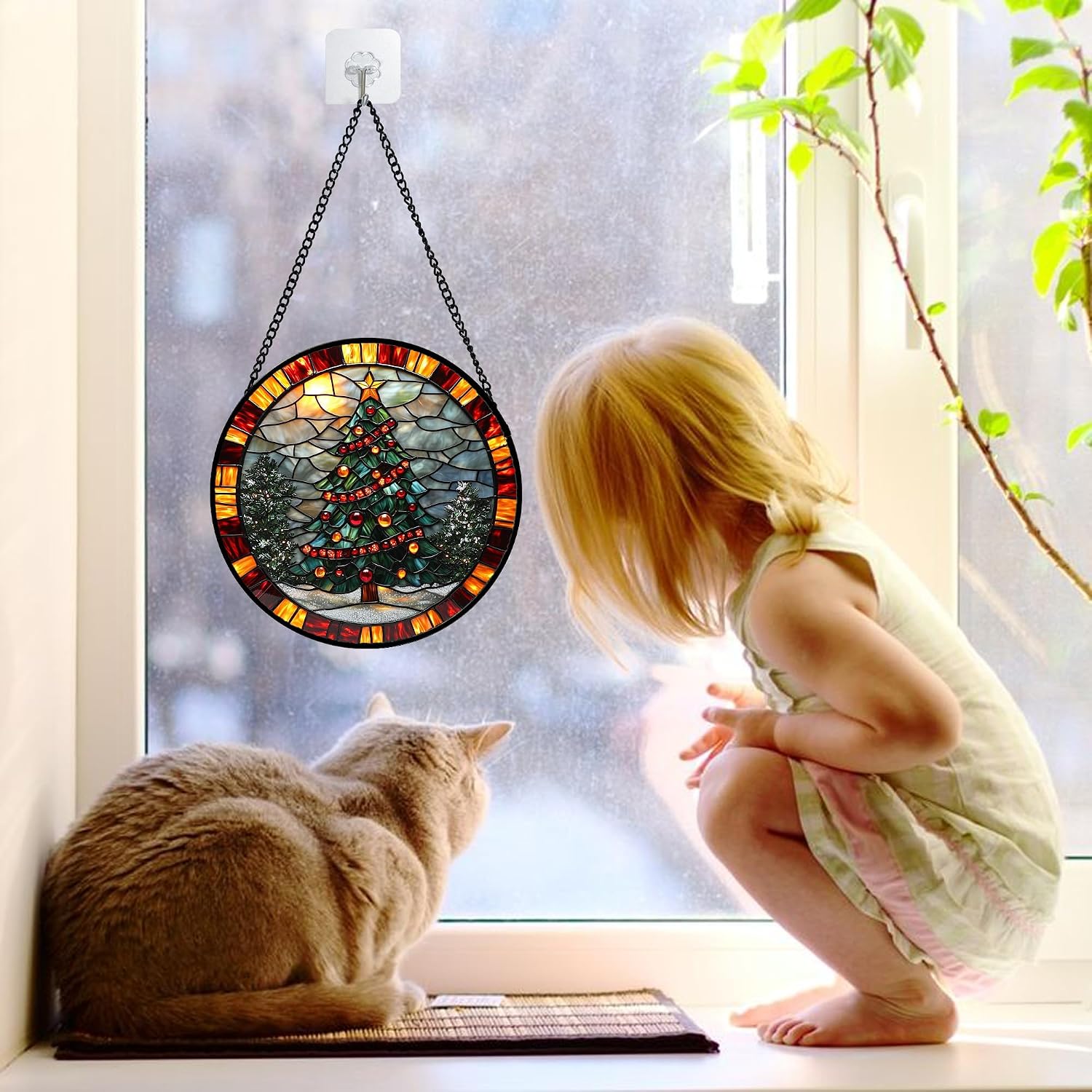 Detalle de Stained Glass Christmas Tree Suncatcher, 9.8-inch