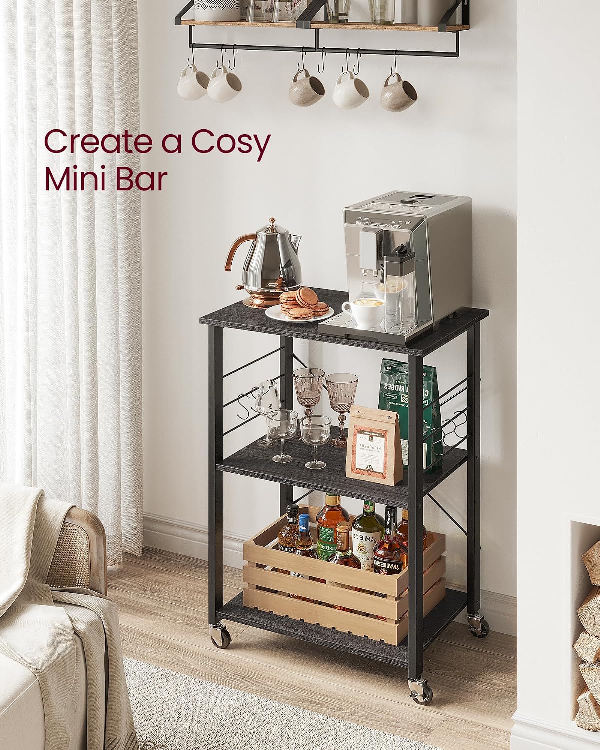 Detalle 2 de VASAGLE BARNET KKS060B42 3-Tier Kitchen Trolley with Wheels and Six Hooks
