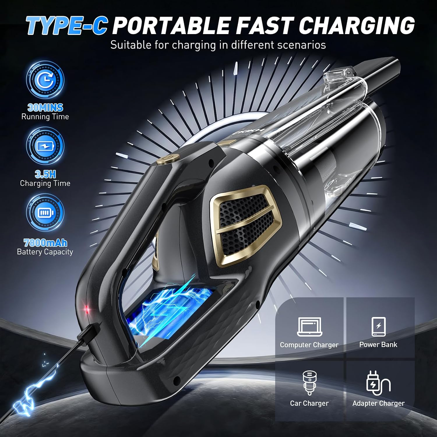 Detalle 2 de CKIKH Cordless Handheld Vacuum, 15,000 Pa Suction, HEPA Filter and LED Light